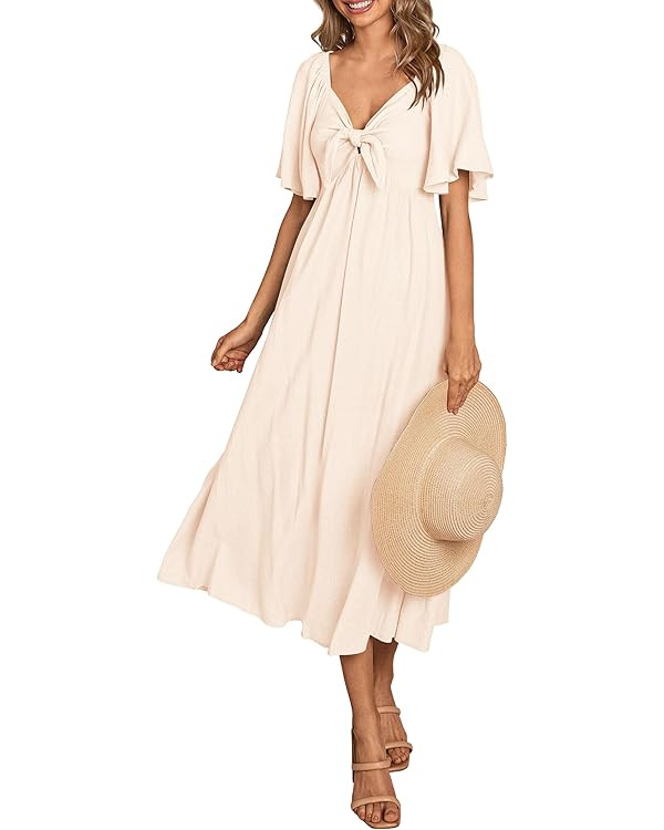 PRETTYGARDEN Summer Dress for Women 2025 Casual Short Sleeve Bow Tie V Neck Ruffle Midi Flowy Dre... | Amazon (US)