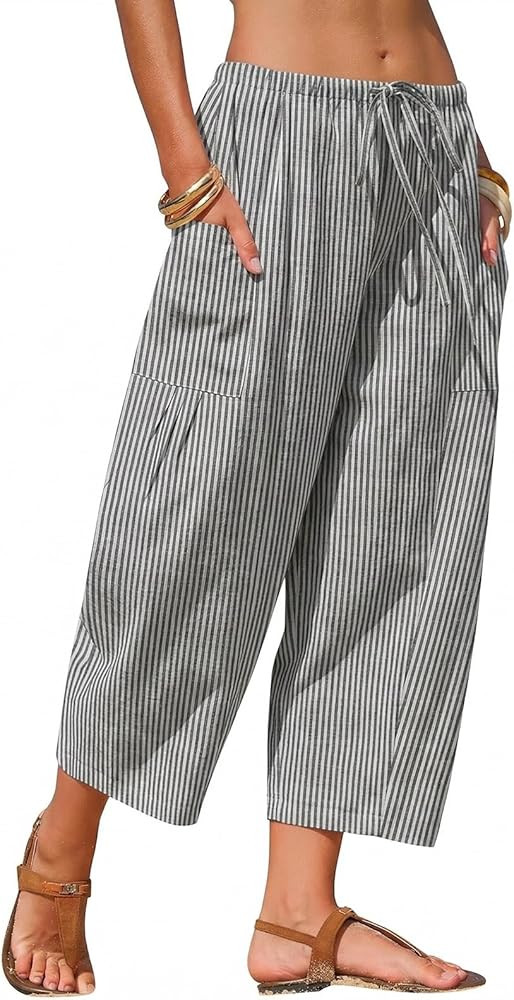 EXLURA Womens Cotton Faux Linen Gingham Barrel Capri Pants Plaid Palazzo Trousers Harem Pants Poc... | Amazon (US)