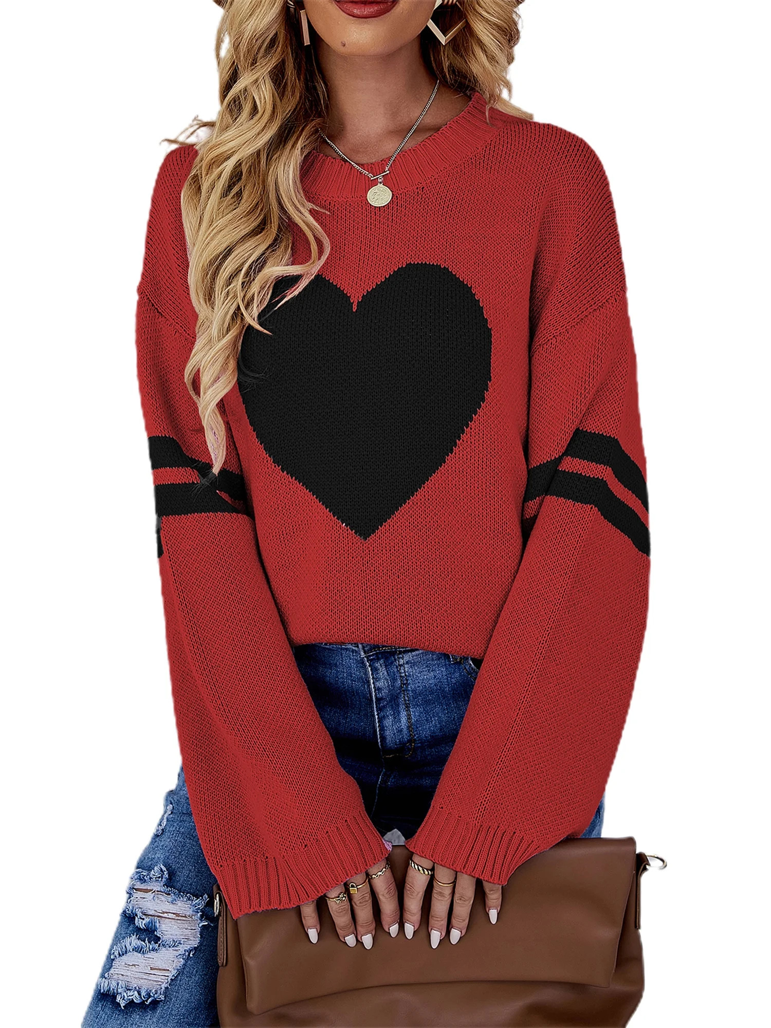 Cathery Sweaters for Women Valentines Day Heart Printed Sweatshirt Long Sleeve Pullover Y2K Knitt... | Walmart (US)