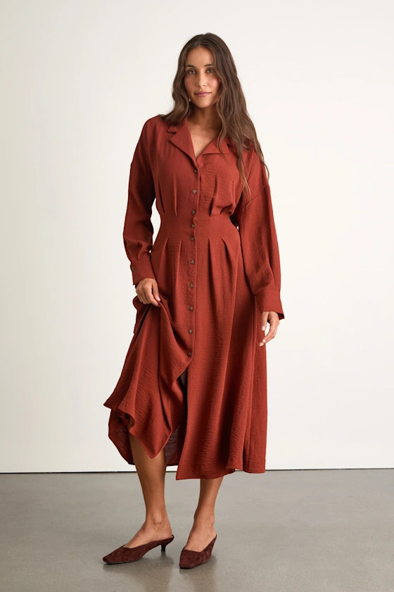 Timeless Class Rust Collared Button-Up Pleated Midi Dress | Lulus