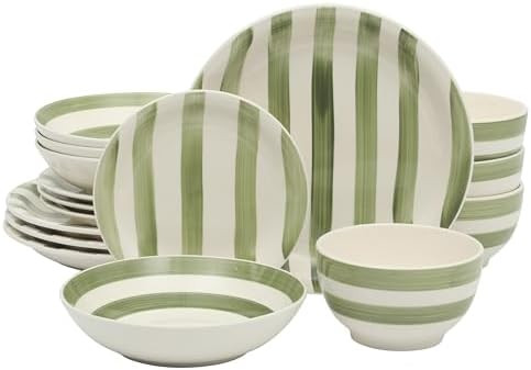 Gibson Home Kenwood Shores 16 Piece Dinnerware Set, Green Striped, Hand-Painted Stoneware, Plates... | Amazon (US)