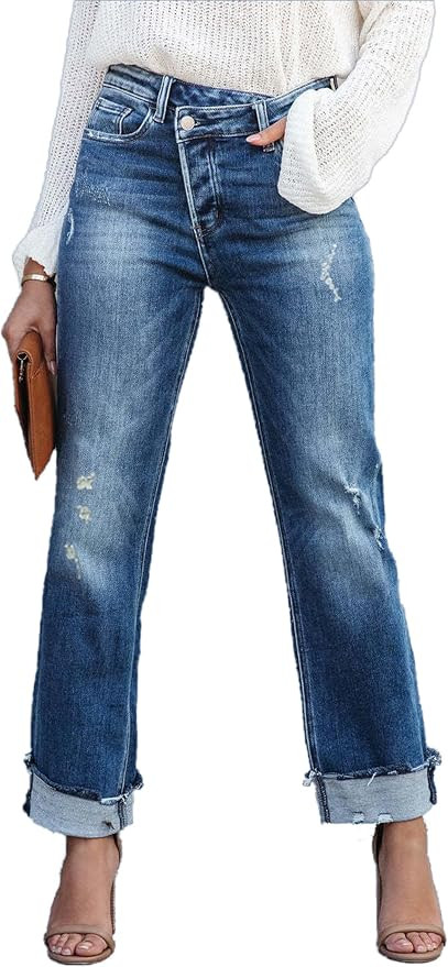 Womens Denim Cargo Pants Flap Pocket High Waisted Stretchy Straight Wide Leg Jeans | Amazon (US)