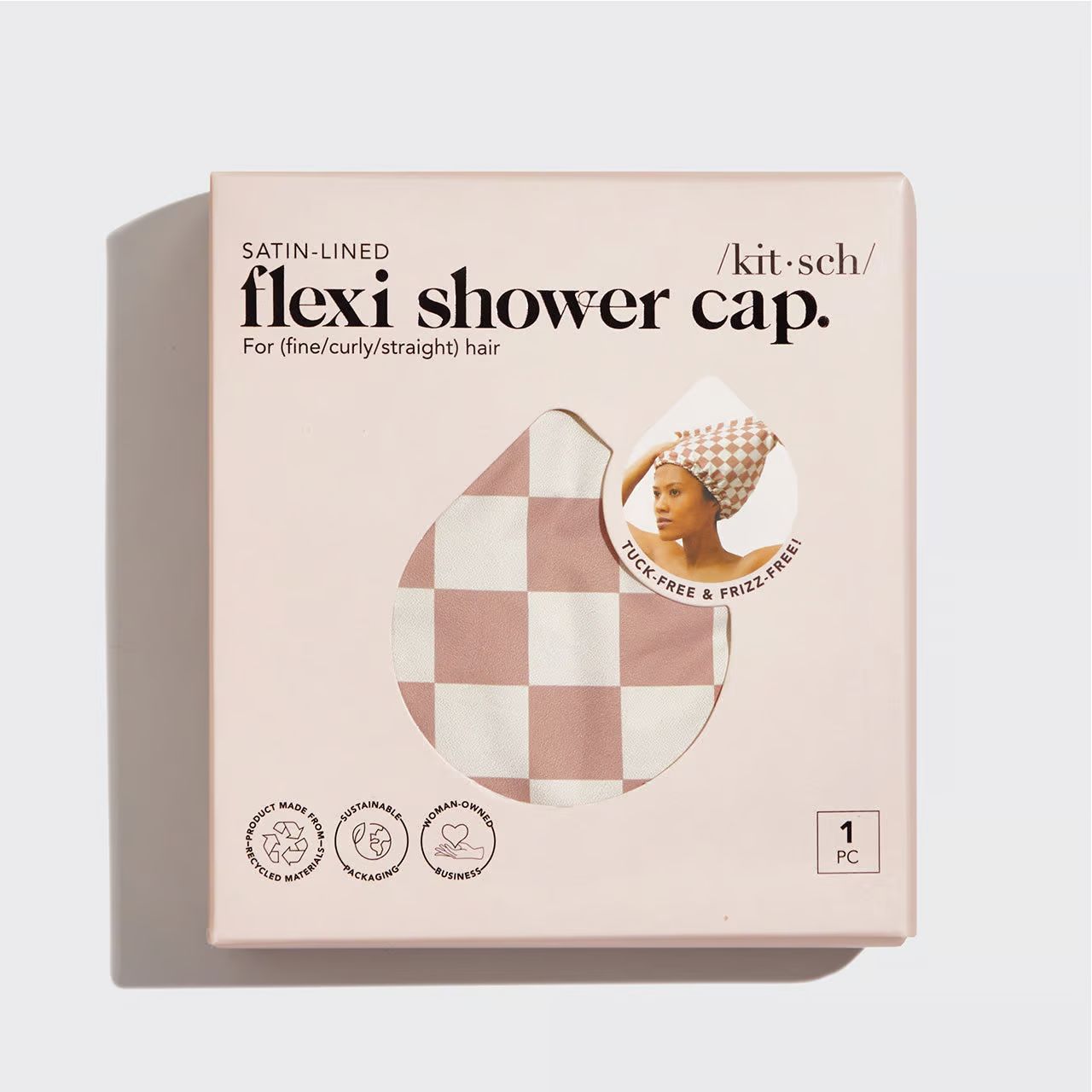 Satin Lined Flexi Shower Cap - Terracotta Checker | Kitsch