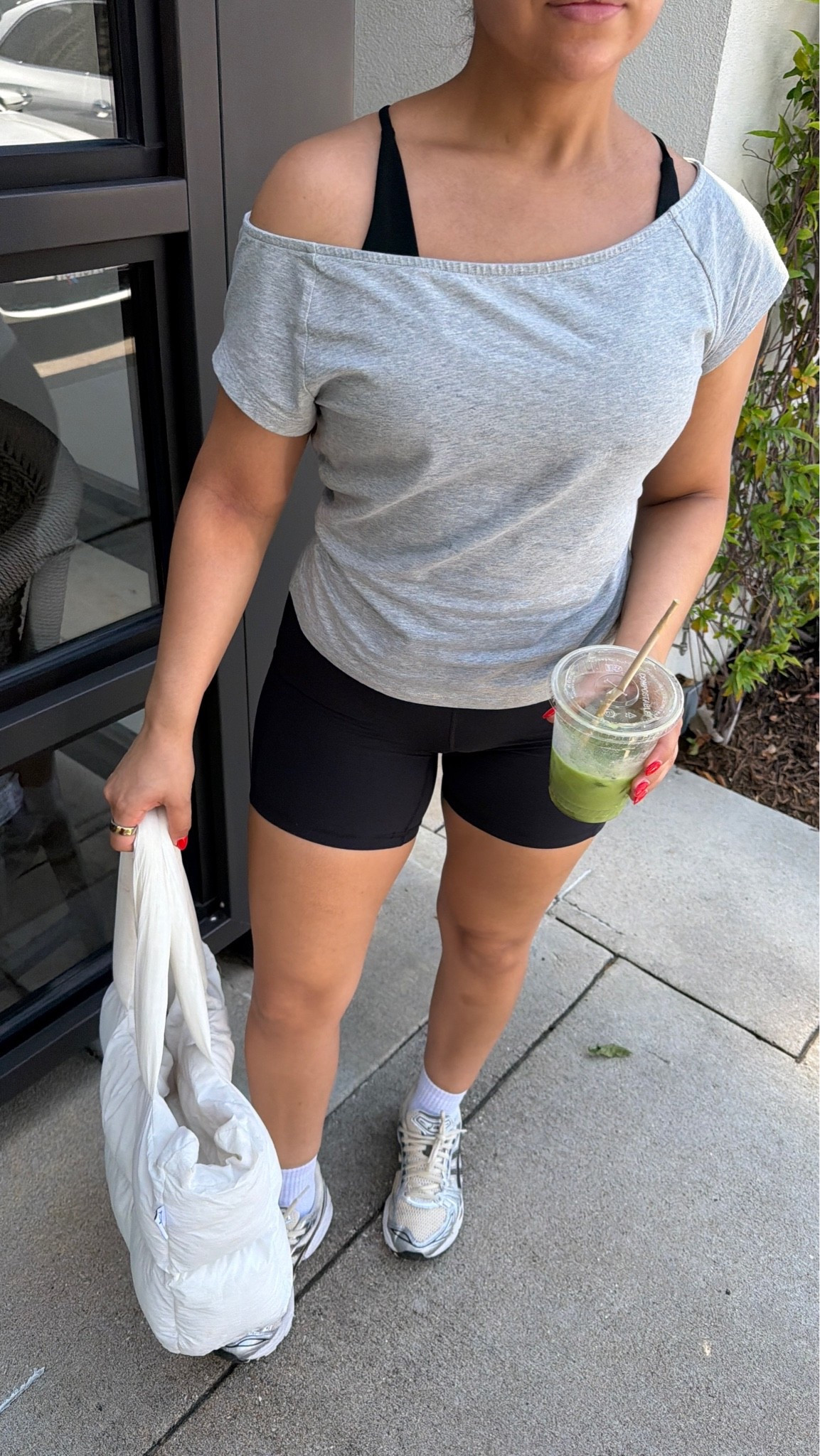 Shorts: small
Top: large 
Sports bra: small
White ankle socks 
Sneakers: 6.5 women 
Puffer tote bag

#LTKmorningroutine #LTKActive #LTKootd