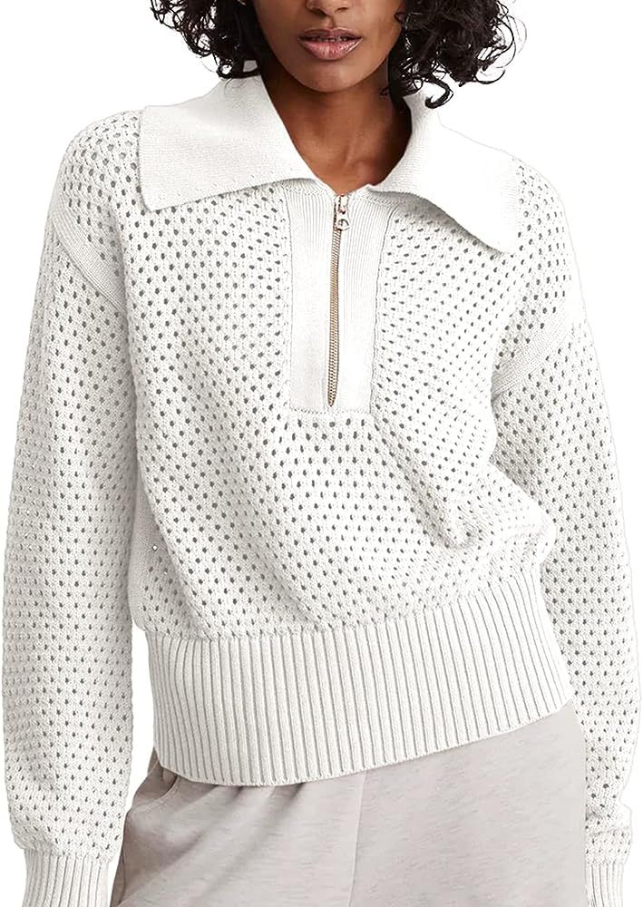 Doshoop Women's Half Zip Pullover Sweaters Crochet Lapel Collar Long Sleeve Knit Solid Color Jump... | Amazon (US)