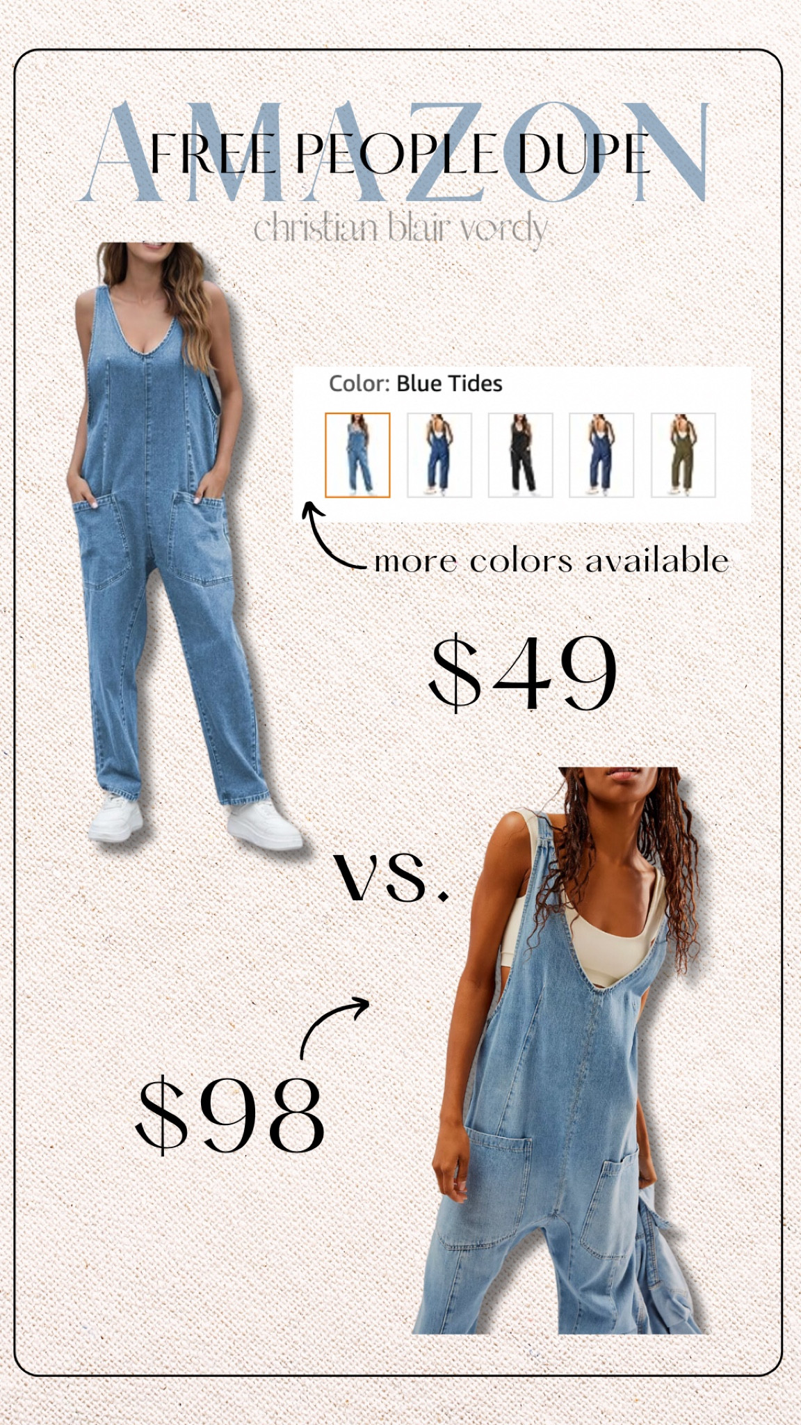 Amazon; free people; look-a-like 

#christianblairvordy 

#amazon #overalls #fp #freepeople #dupe #lookforless #ltk

#LTKfindsunder50 #LTKstyletip #LTKSale