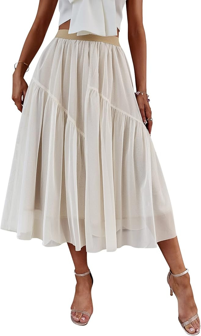 GAOVOT Women's Midi Skirt High Elastic Waist Pleated Chiffon Skirt Mesh Midi Skirt Prom Party Tulle  | Amazon (US)