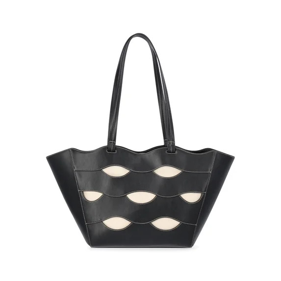 Free Assembly Women's Allegra Faux Leather Cut Out Tote Handbag, Black/Cream | Walmart (US)