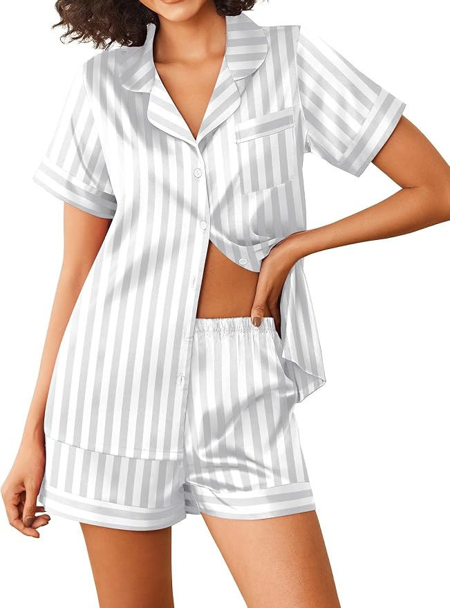 Ekouaer Womens Silk Satin Pajamas Sets 2 Piece Short Sleeve Sleepwear Button Down Top and Shorts ... | Amazon (US)