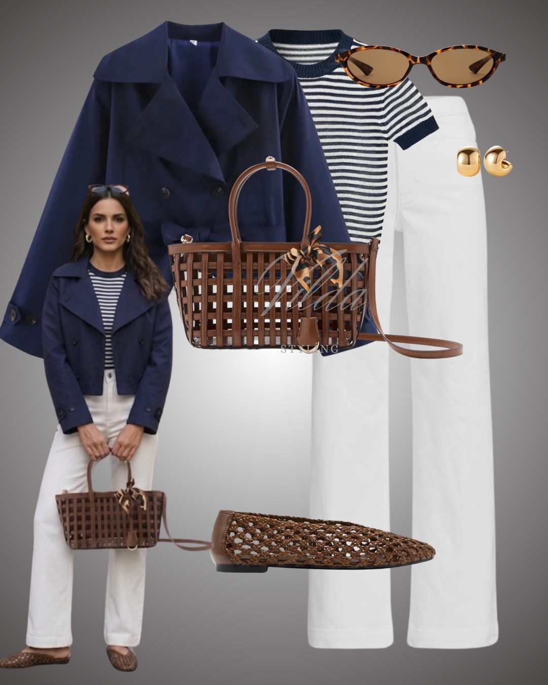 French girl style for your feed. 🥐✨ Mastering effortless chic with this navy cropped trench, white wide-leg trousers, and my favorite woven tote. Perfect for a café au lait day. #frenchgirlstyle #casualchic #springfashion #parisianstyle #ootd 

#LTKeurope #LTKstyletip #LTKspring