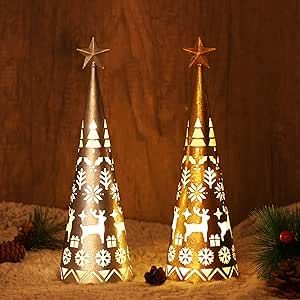 Juegoal 11.6 Inch Lighted Christmas Table Decorations with Star, Cone Shaped 10 LED Lights Batter... | Amazon (US)