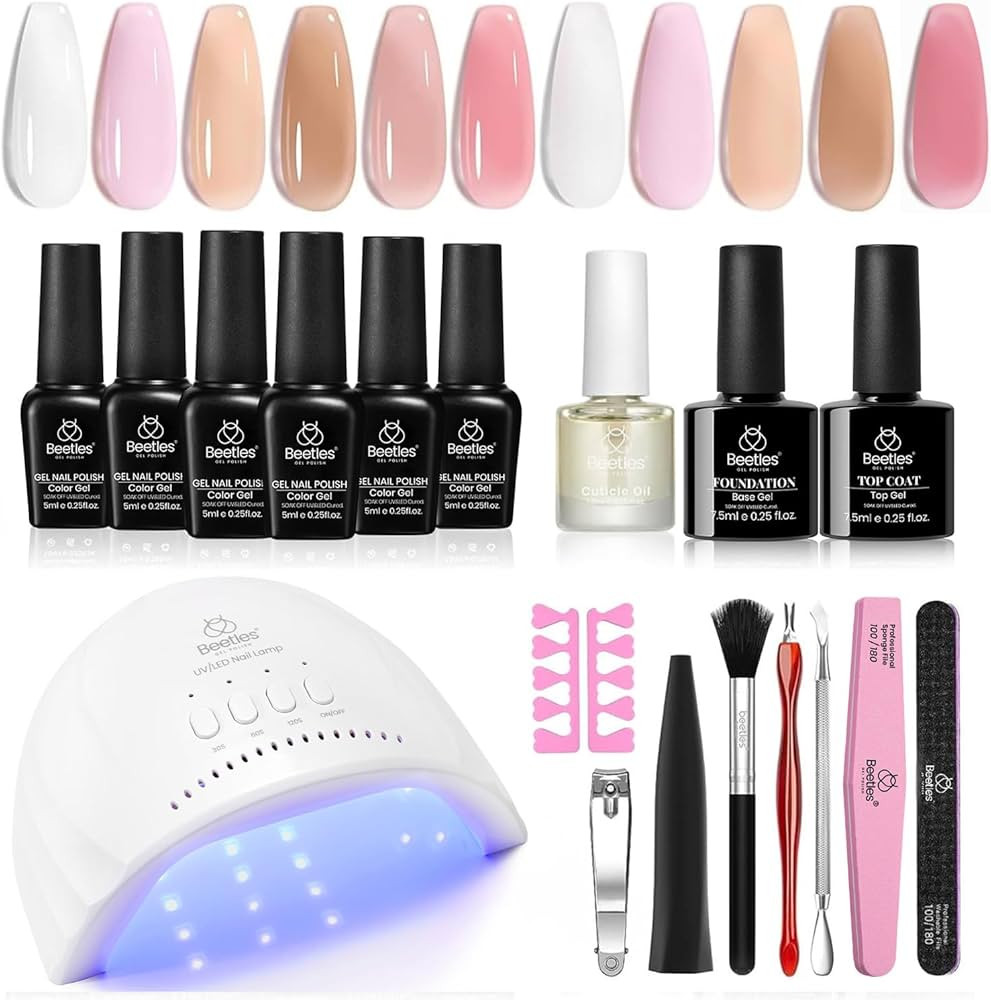 Beetles Gel Nail Polish Kit with U V LED Light - 6 Colors Jelly Milky White Sheer Pink Nude Gel P... | Amazon (US)