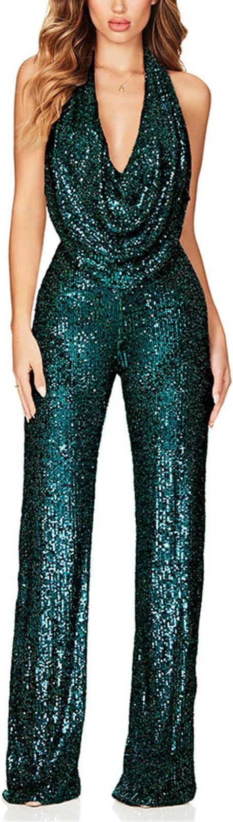 VIVICOLOR Gold Sequin Jumpsuit Sexy Black Party Sparkle Playsuit V Neck Glitter Jumpsuits Size S,... | Amazon (US)