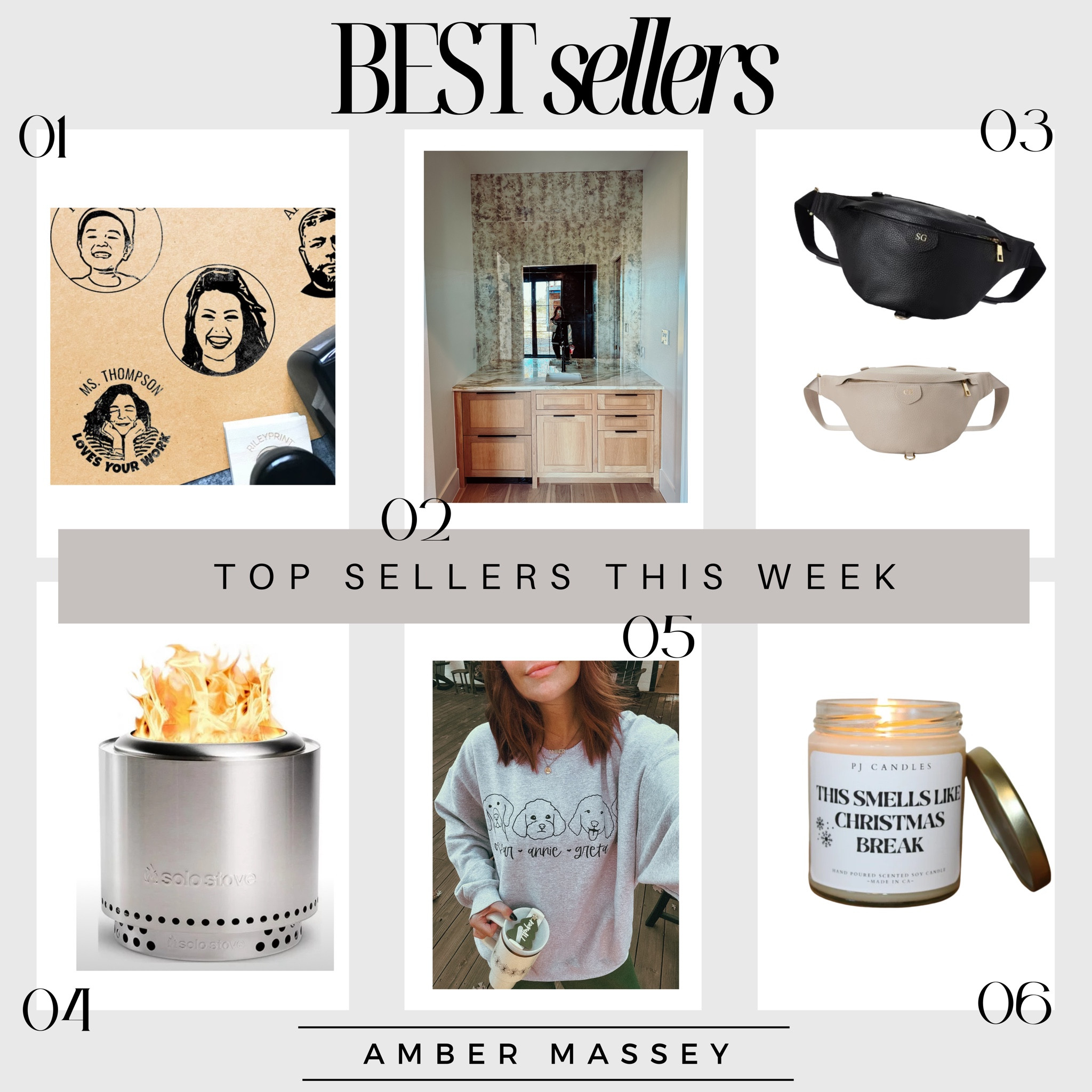 Best sellers from this week:
1) face stamp from Etsy. I have ordered these over the past few years and gift them to the kids teachers. Great gift idea for teachers.
2) mirror tile from Etsy. This is such an affordable home decor item that we are using in the bar area of our new home. You all have loved it as much as we have.
3) sling bag from Etsy. This is another great personalized gift idea.
4) solo stove. Great gift idea for him or something just because.
5) dog mom sweatshirt from Etsy.
6) smells like Christmas break candle. Another cute gift idea for a hostess gift, white elephant or more.

#LTKstyletip #LTKGiftGuide #LTKhome