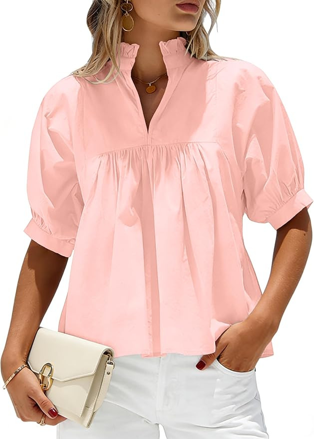 SimpleFun Puff Sleeve Blouses for Women Dressy Casual High Ruffle V Neck Babydoll Peplum Tops Sum... | Amazon (US)
