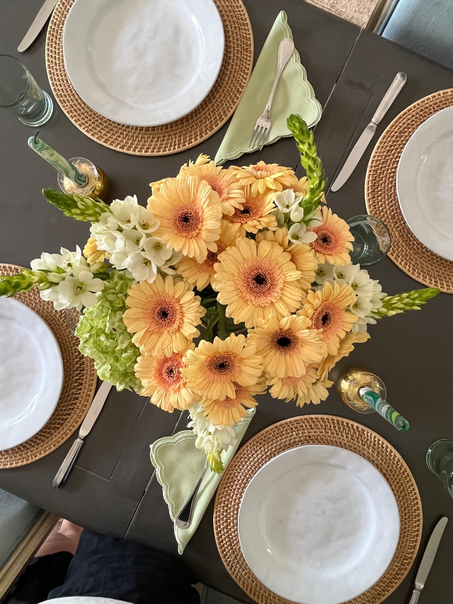 Sunny Sunday dinner with friends. Napkins are vintage, gold taper holders are old Aerin. Similar linked.

#LTKHome