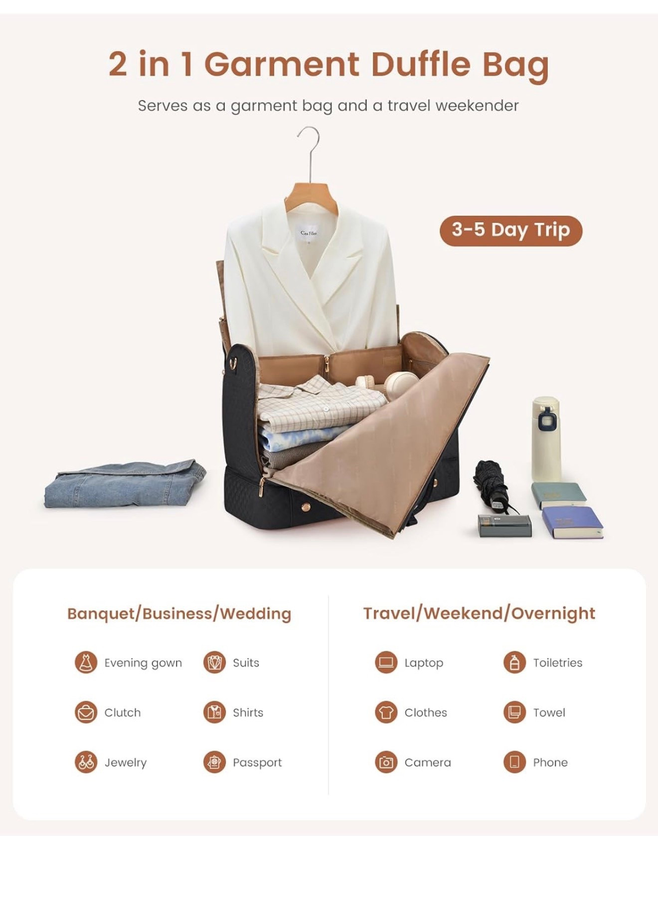 Your Wrinkle-Free Travel Essential 👔✈️
This convertible garment bag keeps suits and dresses crisp! Works as a hanging bag or duffle with 53L capacity for 3-5 day trips.
Includes separate shoe compartment, toiletry bag, and multiple pockets. Made from waterproof nylon with adjustable straps and a luggage strap for easy travel.
Perfect for business trips, weddings, and weekend getaways!
#TravelEssentials #GarmentBag #WrinkleFree​​​​​​​​​​​​​​​​

#LTKdayinmylife #LTKSaleAlert #LTKTravel