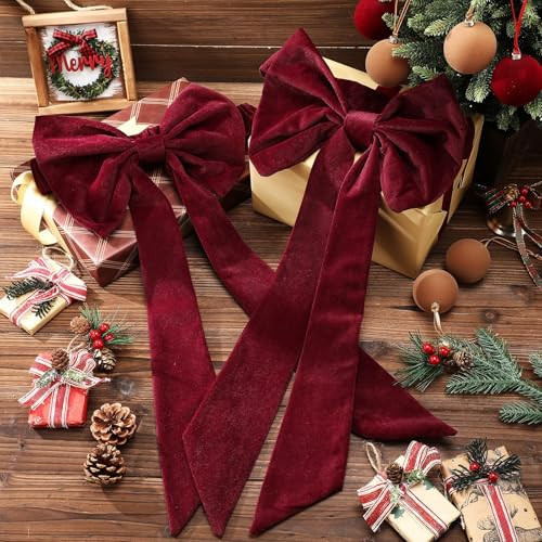 Chair Sashes Red Bows Burgundy Christmas Decorations - Red Velvet Christmas Bows for Tree, Chair Cover Back Tie Supplies for Banquet, Kitchen, Hotel Home Wedding Event Party Decorations (2PCS) | Amazon (US)