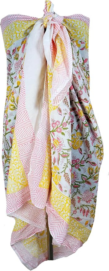 100% Cotton Block Print Sarong - Women's Swimsuit Wrap Cover-Up, Long Beachwear & Resort Apparel | Amazon (US)