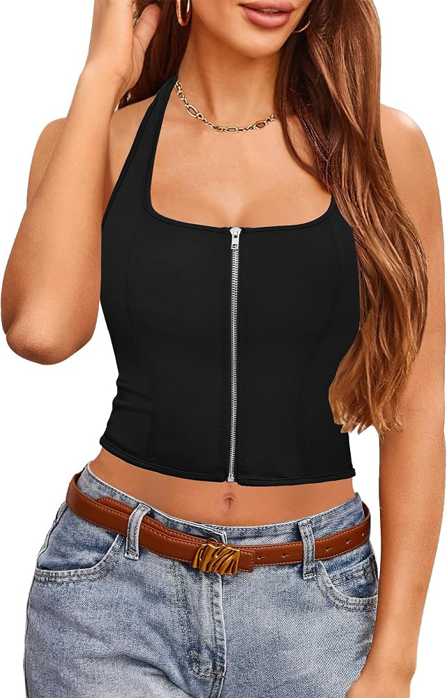 Halter Tank Top for Women Summer Going Out Tops Backless Y2K Crop Sleeveless Zip Front Shirts | Amazon (US)