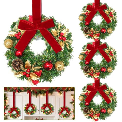 3 Pcs Small Christmas Wreath, 10 Inch Mini Christmas Kitchen Cabinet Wreaths with Gold Red Balls Holly Pine Tips Pinecone Berried Red Bow Mini Wreaths for Windows Wall Stair Chair Farmhouse Home Decor | Amazon (US)