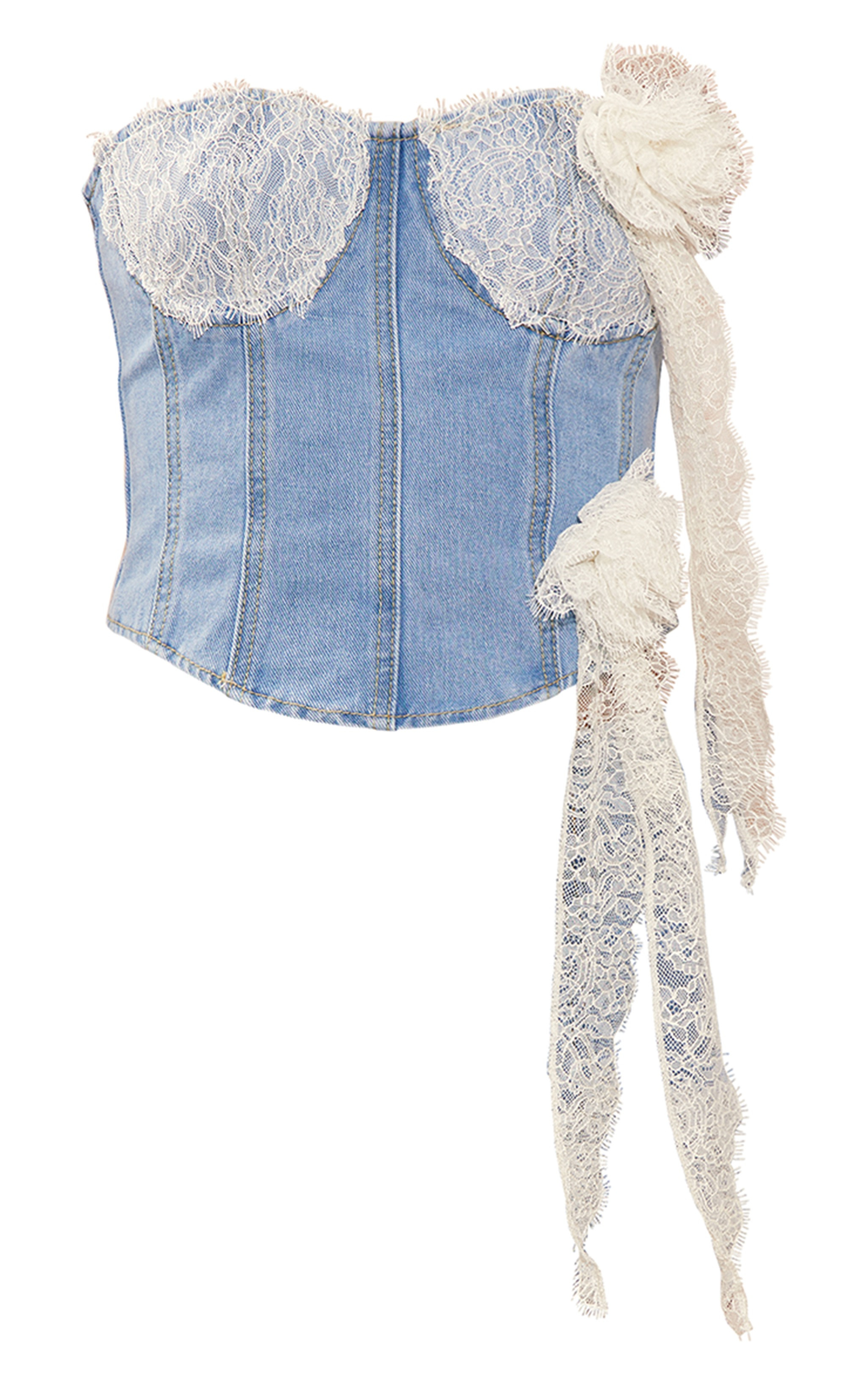 Light Blue Wash Lace Cup Floral Corsage Denim Corset | PrettyLittleThing UK