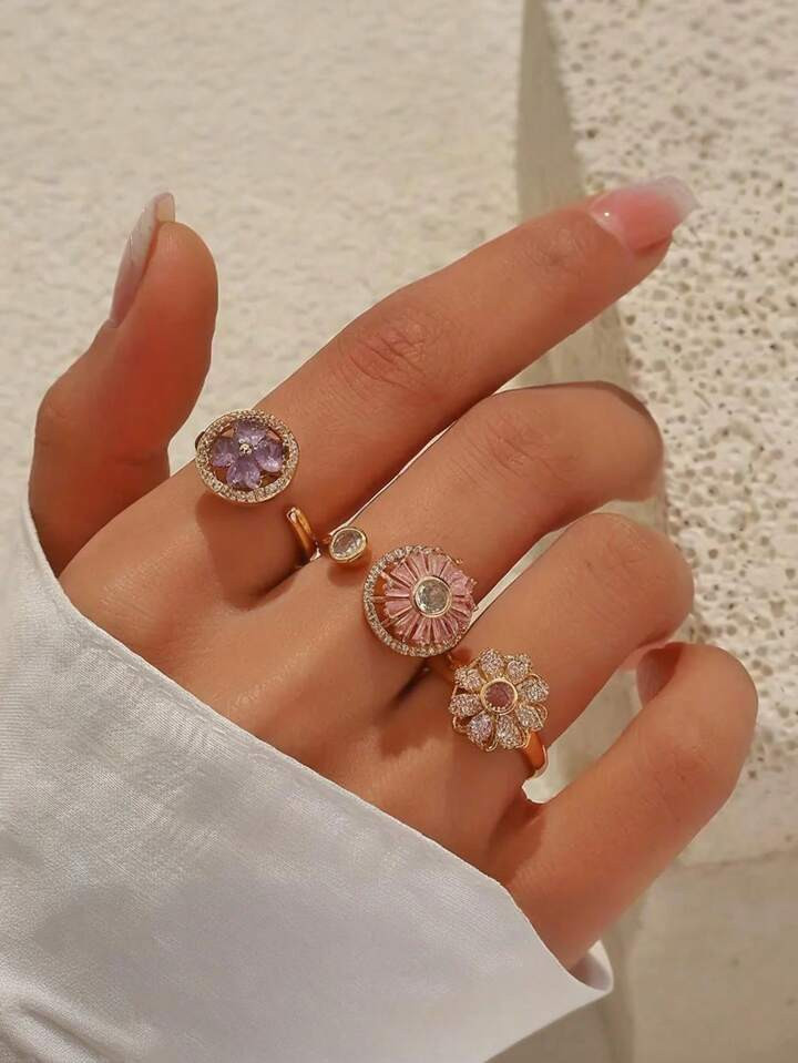 Adjustable Anxiety Relief Rotating Women's Ring, Copper Micro-Inlaid Cubic Zirconia Ring, Persona... | SHEIN