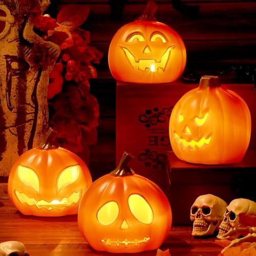 Pinkunn 4 Pcs LED Jack O Lantern,Orange Light,5.25 Inch,Ugly Face | Lighted Pumpkin Lanterns for ... | Amazon (US)