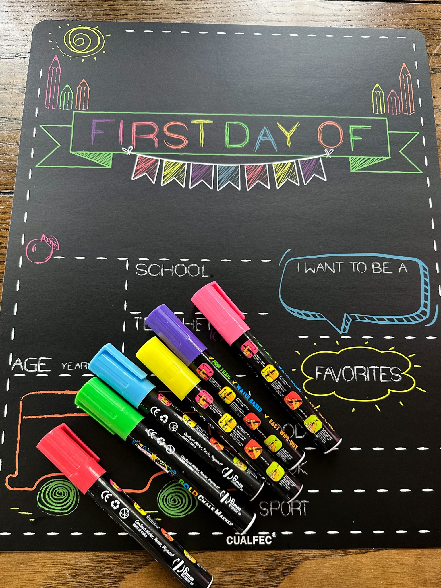 Nice size back to school signs and liquid chalk markers. The markers easily erase when a wet wipe is applied. Not messy and so cool. The pack comes with a last day of school sign as well. 

#LTKfamily #LTKBacktoSchool #LTKkids