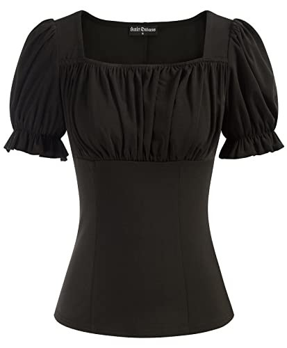 Women Vintage Ruched Tops Pirate Renaissance Peasant Shirts Work Blosue Black S | Amazon (US)