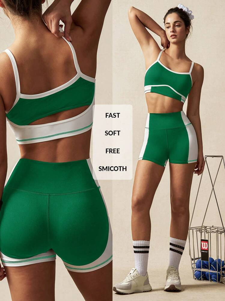 VARSIVA Black And White Contrasting Patchwork Strips Hollow High Waist Women Sports Sets | SHEIN