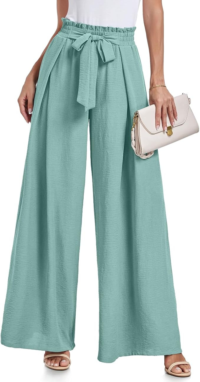 Wide Leg Pants for Women High Waisted Palazzo Pants Work Casual Flowy Tie Knot Trousers with Pock... | Amazon (US)