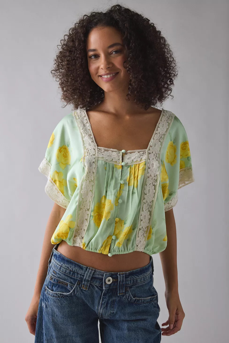 Kimchi Blue Ada Short Sleeve Lace Trim Satin Blouse | Urban Outfitters (US and RoW)