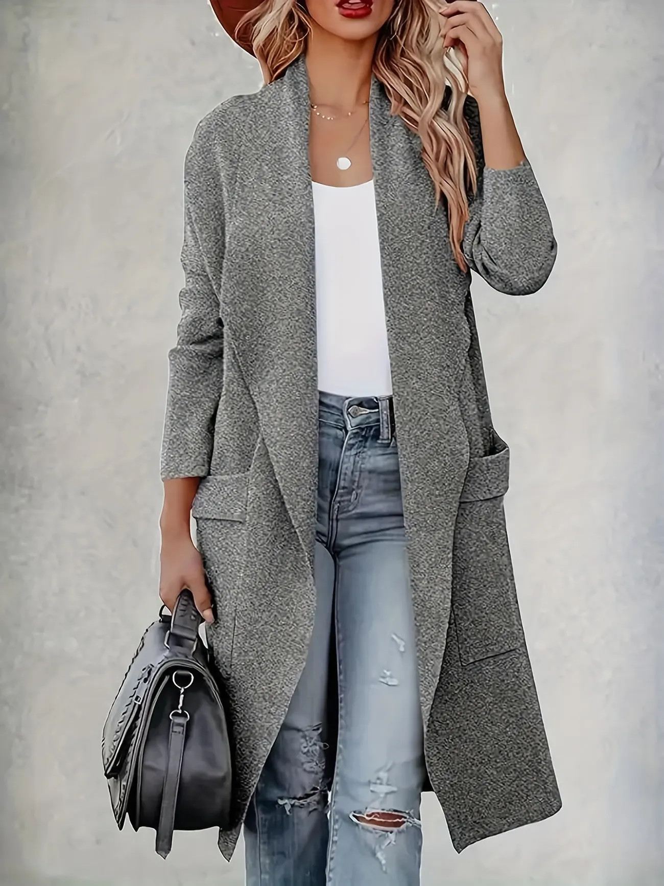 Solid Pocket Open Front Cardigan, Casual Long Sleeve Lapel Cardigan, Women's Clothing | Temu Affiliate Program