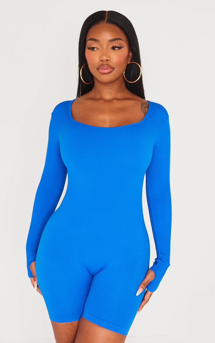 Shape Bright Blue Snatched Ribbed Long Sleeve Unitard | PrettyLittleThing US