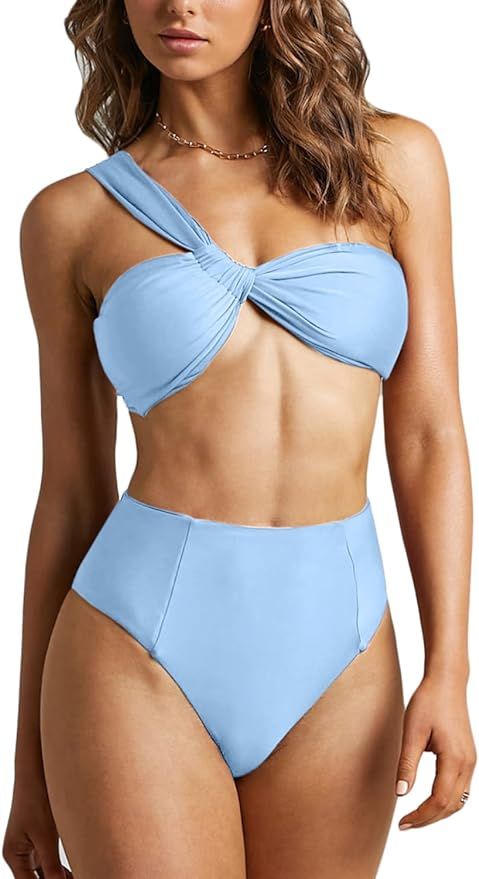 Mulisky Women’s Sexy One Shoulder Bikini Set Ruched Bandeau High Waisted Two Piece Swimsuit Swi... | Amazon (US)