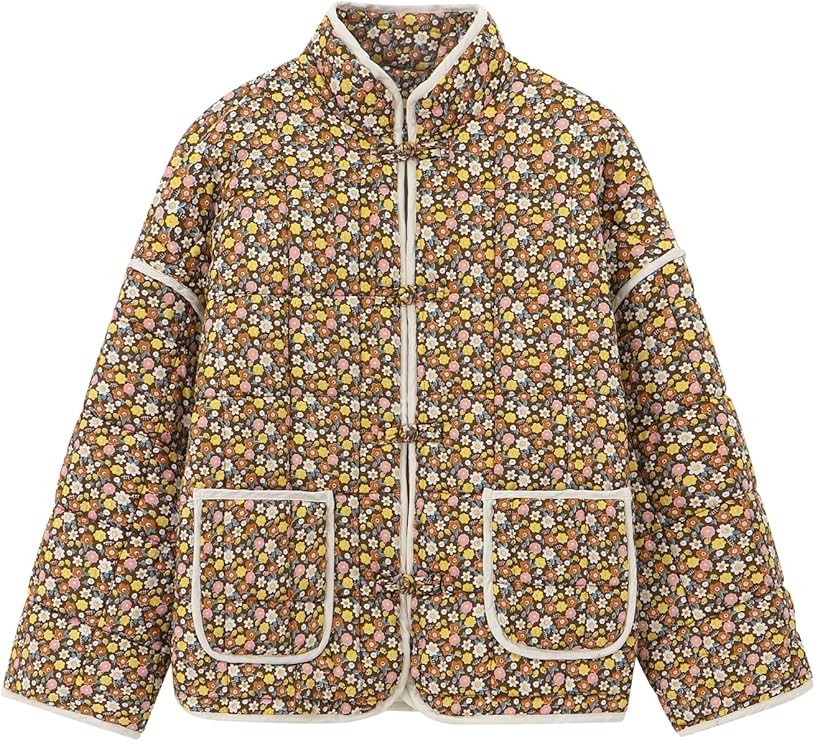 Muchpow Quilted Puffer Jacket for women Floral Printed Lightweight Cropped Button Down Outerwear ... | Amazon (US)