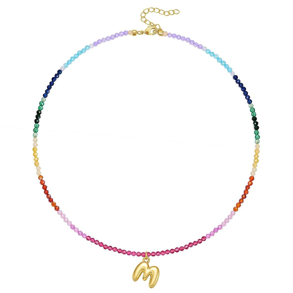 KissYan Beaded Initial Necklace for Women, 14K Gold Plated Bubble Letter Pendant Rainbow Gemstone... | Amazon (US)