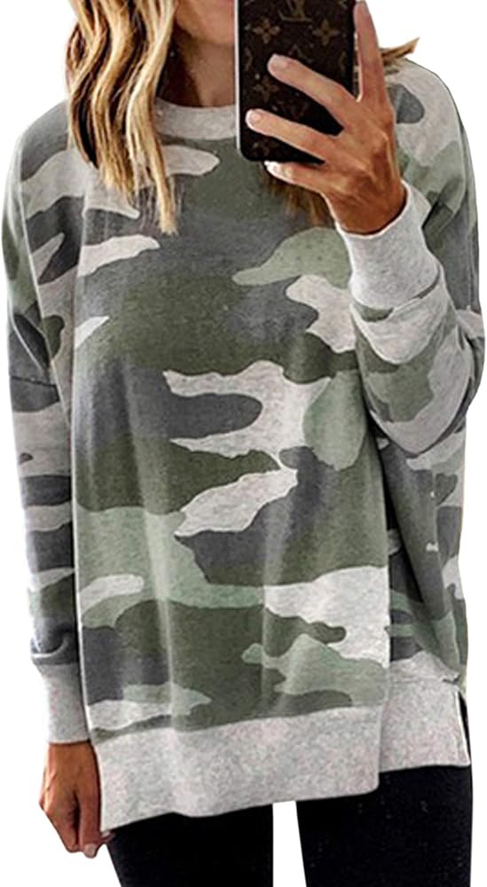 ECOWISH Women Side Split Sweatshirt: Fall Crewneck Long Sleeve Oversized Camo Shirts Casual Camou... | Amazon (US)