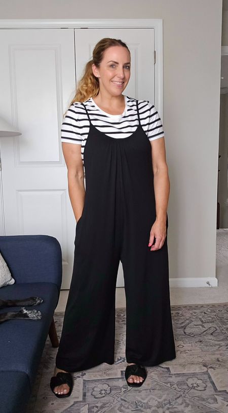 Wide leg overall jumpsuit, wearing size large. Wearing size large in striped top, came in a two pack with solid black as well. Amazon fashion, summer style, overall jumpsuit, wide leg jumpsuit, casual style

#LTKmidsize #LTKstyletip #LTKfindsunder50