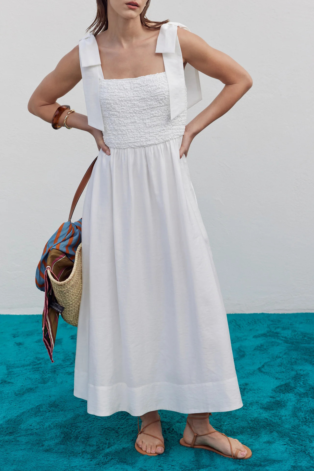 Smocked Bodice Bow Strap Midi Dress | English Factory