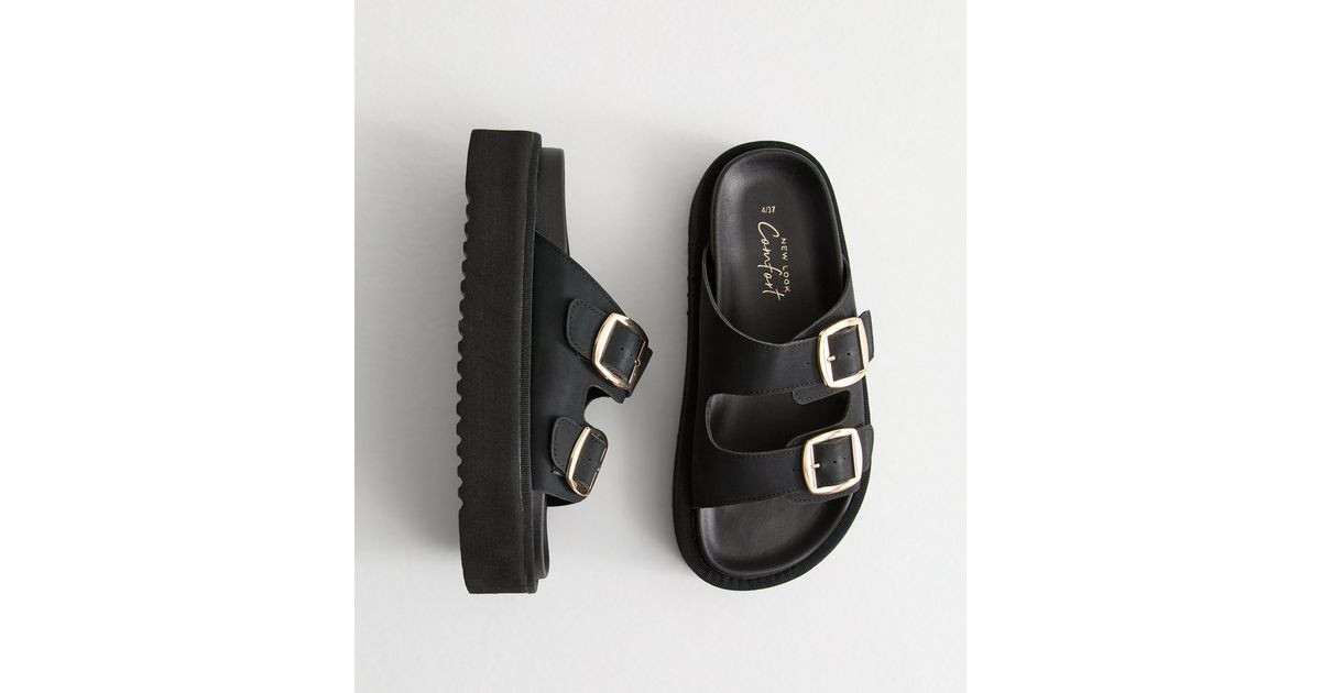 Black Faux Leather Flatform Sandals | New Look | New Look (UK)
