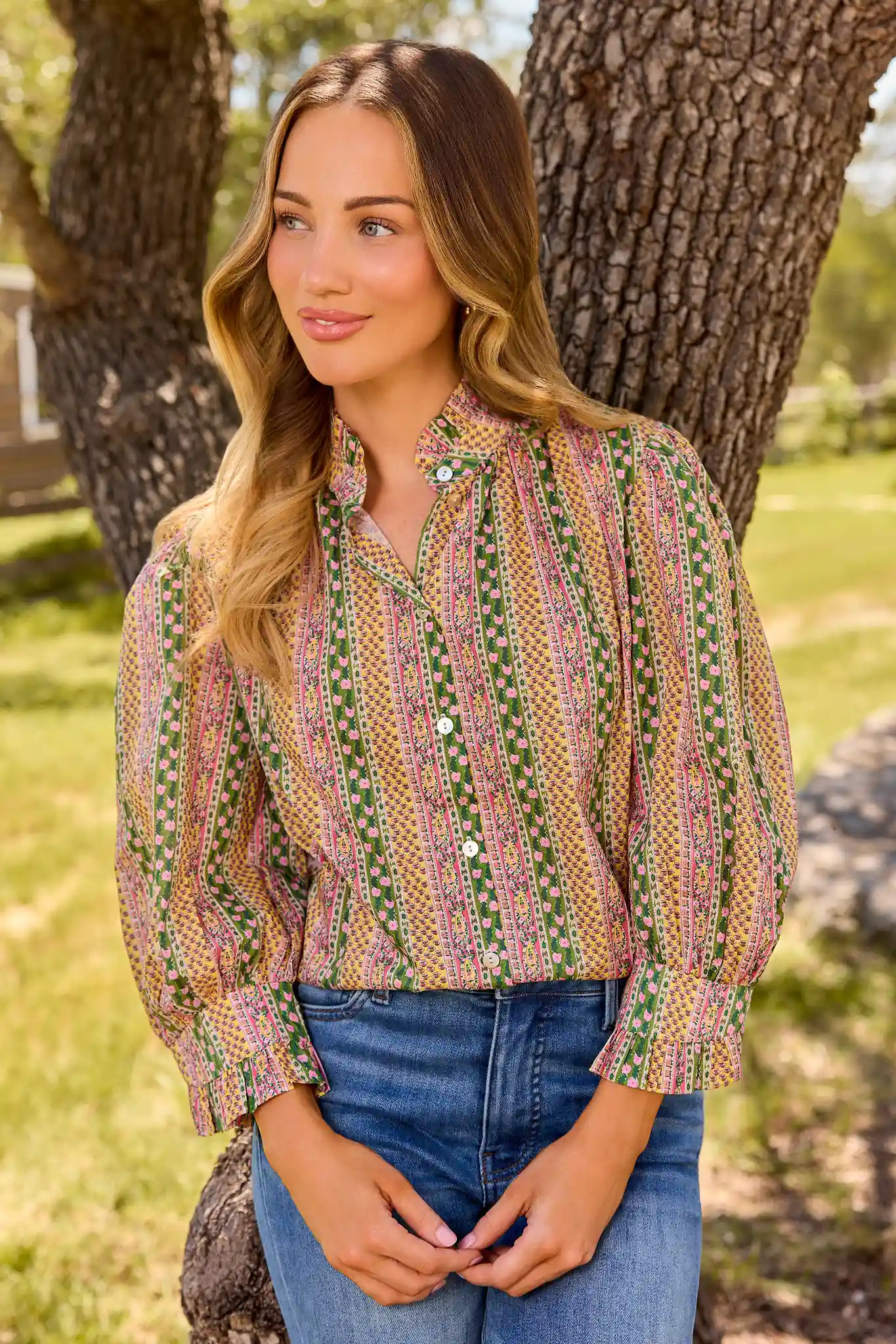 Multi Floral Printed Ruffle Collar Top | Avara