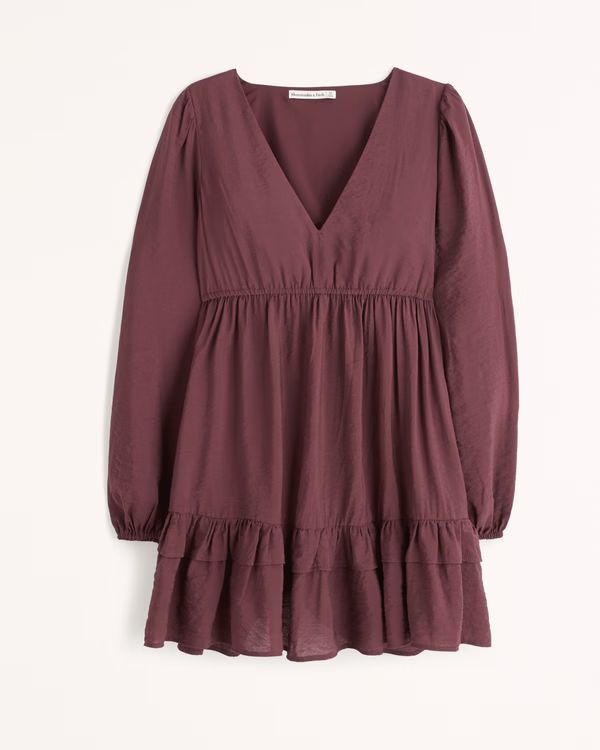 Long-Sleeve Babydoll Ruffle Mini Dress | Abercrombie & Fitch (US)