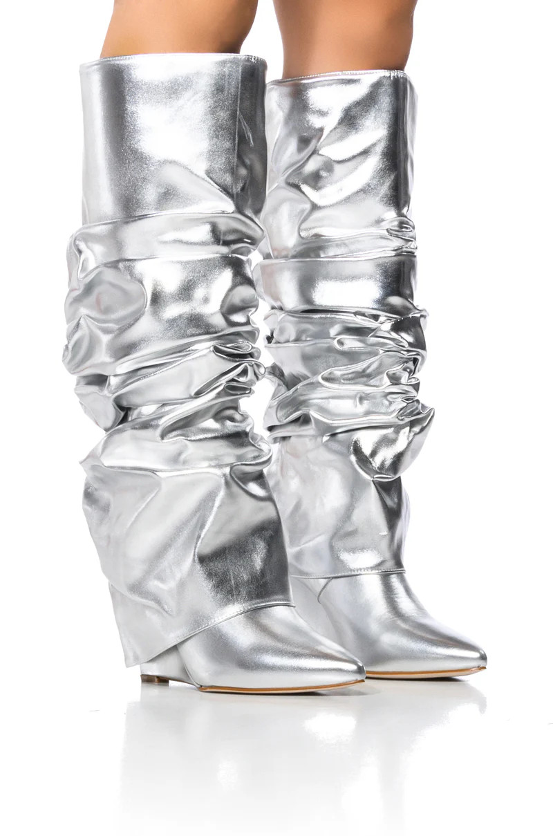 AZALEA WANG ZUMMA METALLIC RUCHED WEDGE BOOT IN SILVER | AKIRA