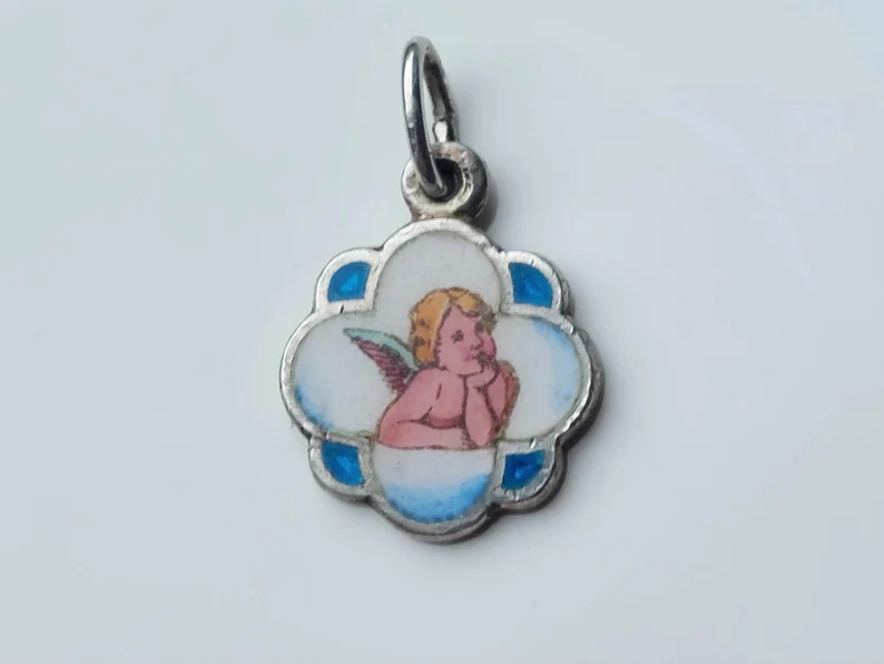 1/2" Enamel Cherub Pendant W/ Raphael Angel—small Rounded Double Four-leaf/quatrefoil Hand-pain... | Etsy (US)