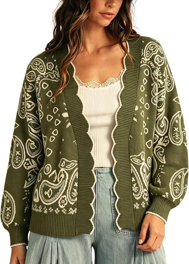 Hongsui Women's Trendy Bandana Paisley Printed Cardigan Knit Sweater | Amazon (US)