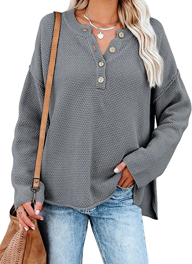 SHEWIN Women's Waffle Knit V Neck Sweater Casual Long Sleeve Side Slit Button Henley Pullover Jum... | Amazon (US)