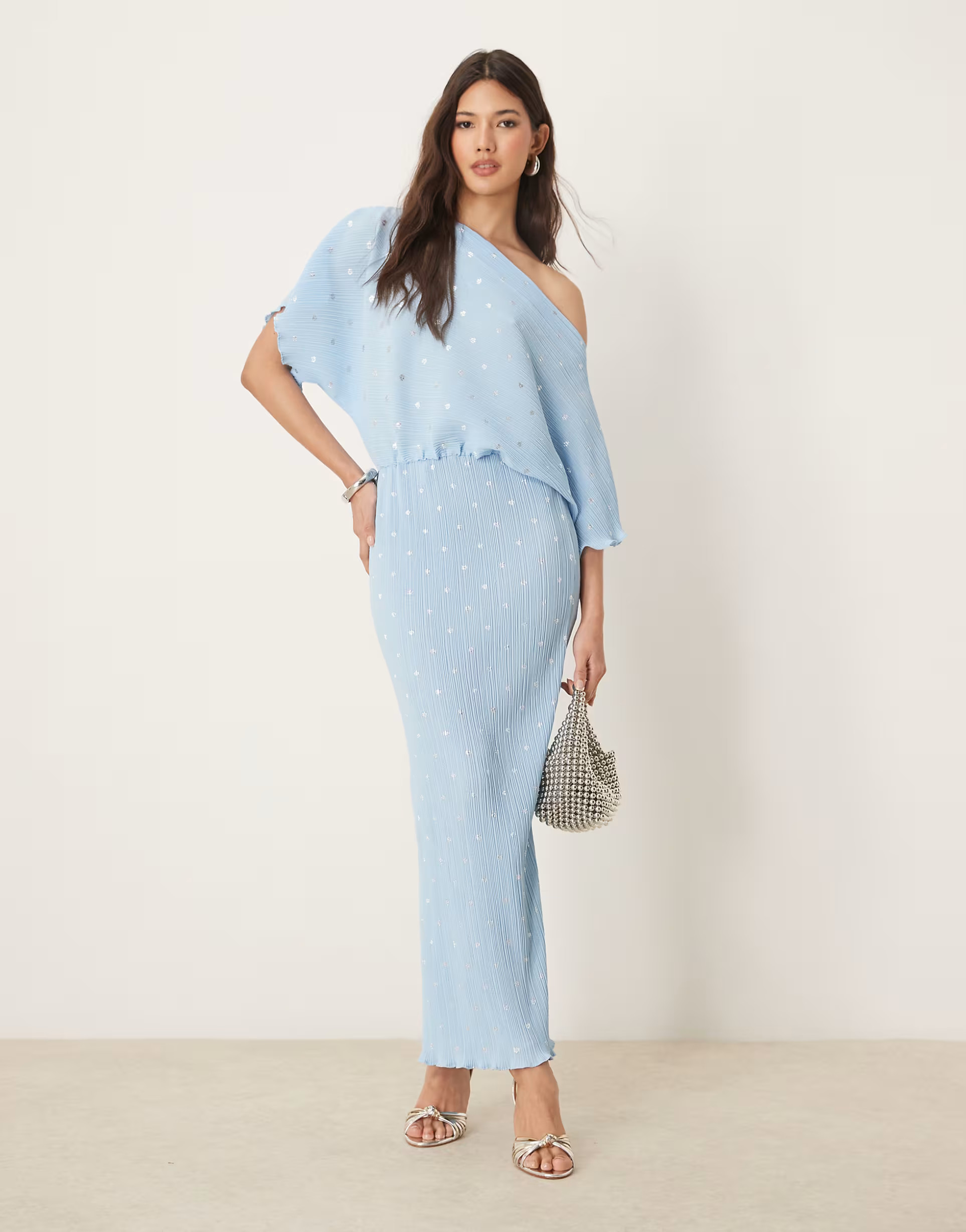 Never Fully Dressed Tilly off shoulder plisse midaxi dress in blue | ASOS (Global)