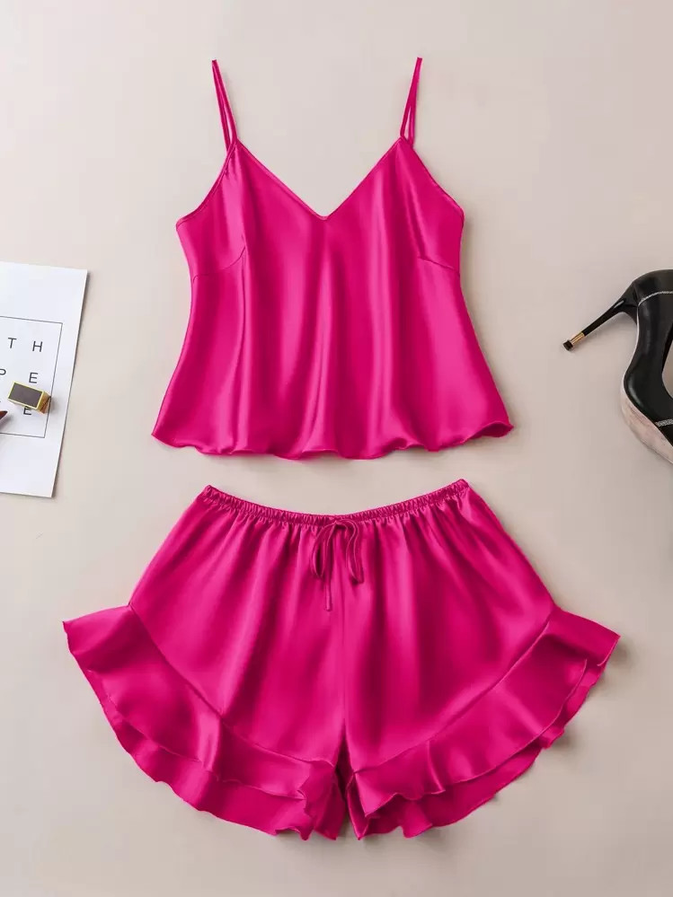 Ruffle Hem Satin PJ Set / Pajama Set | SHEIN